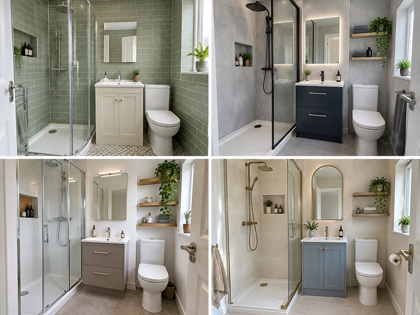 Compact shower room with pale grey panels, navy drawers, black screen